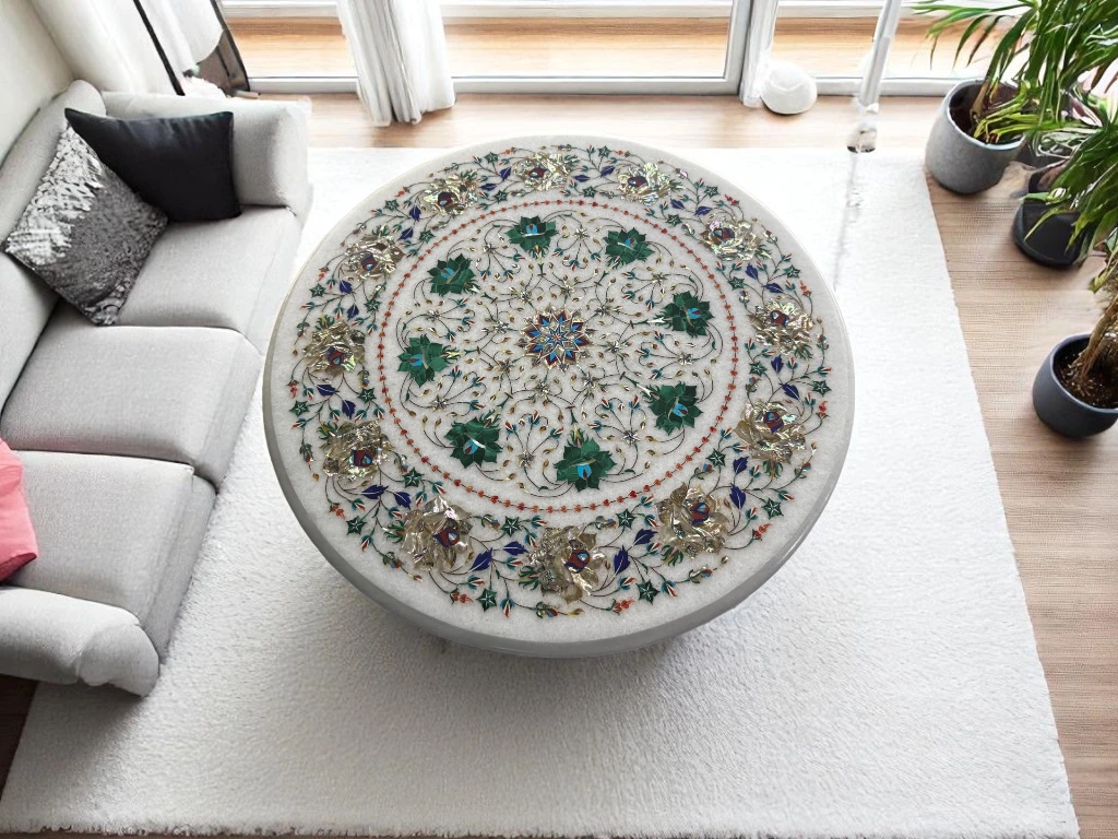 White Marble Round Table with Floral Gemstone Inlay